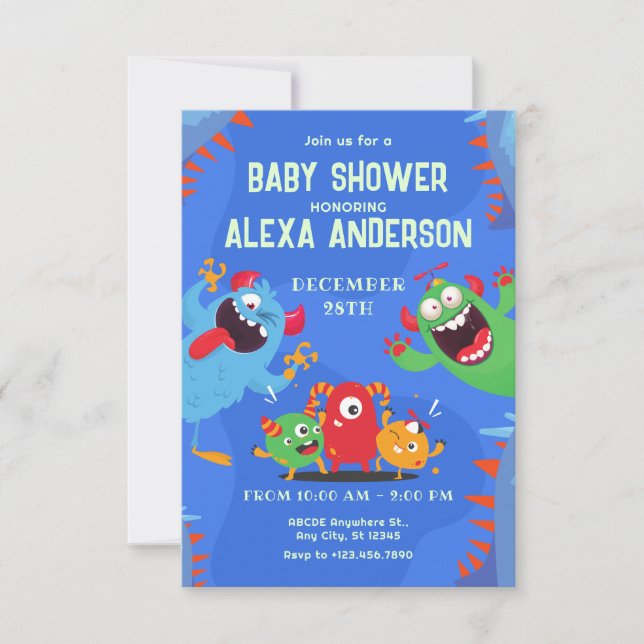 Blå sößa lekfull monster karaktär baby shower inbjudningar (Framsida)