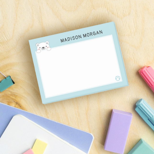 Blå söt isbjörn & tassar Lägg till ditt namn Post-it Block (Skapare uppladdad)