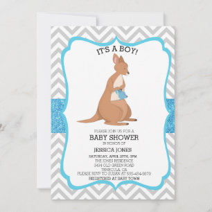 Blå söt känguru glitter chevron baby shower inbjudningar