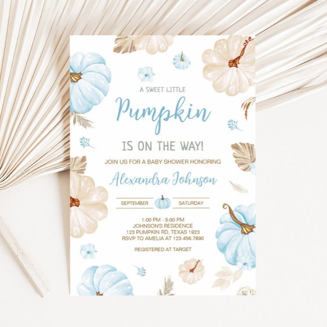 Blå Söt Liten Pumpa Höst Bebis Shower Inbjudningar (Boy Sweet Little Pumpkin Fall Baby Shower Invitation)
