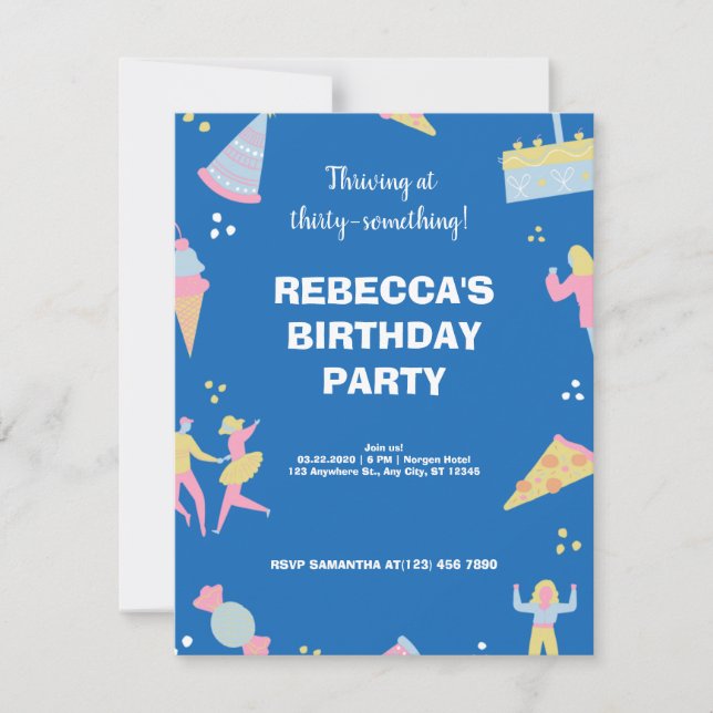 Blå, söt och grumlig pizza-födelsedagsfest inbjudningar (Framsida)