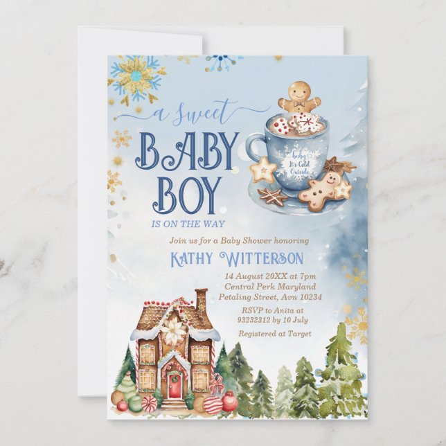 Blå söta baby boy pepparkakshus baby shower inbjudningar (Framsida)