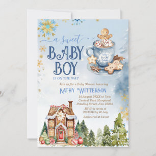 Blå söta baby boy pepparkakshus baby shower inbjudningar