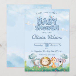 Blå söta djur baby shower inbjudan