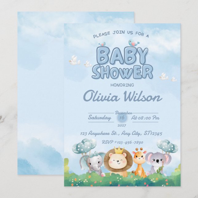 Blå söta djur baby shower inbjudan (Fram/baksida)