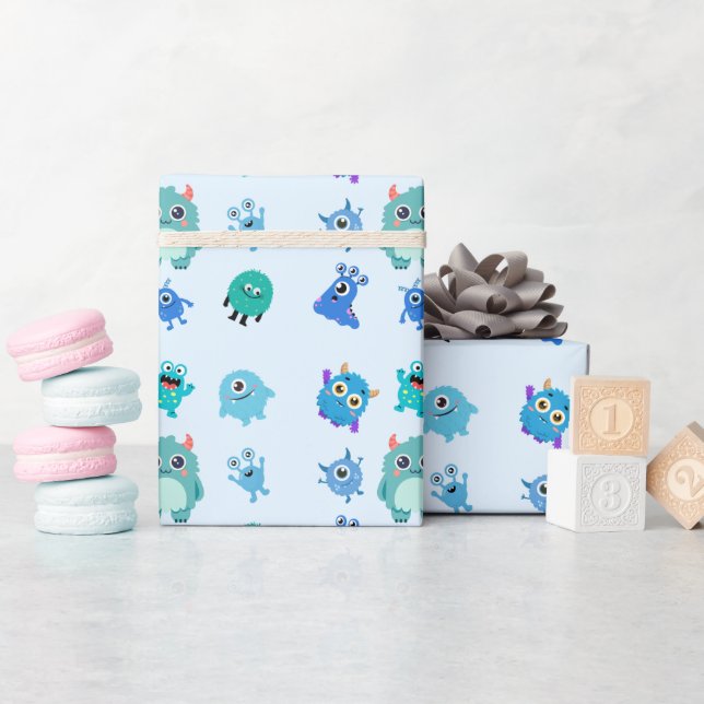 Blå söta monsterpresentpapper för pojkar presentpapper (Baby Shower)