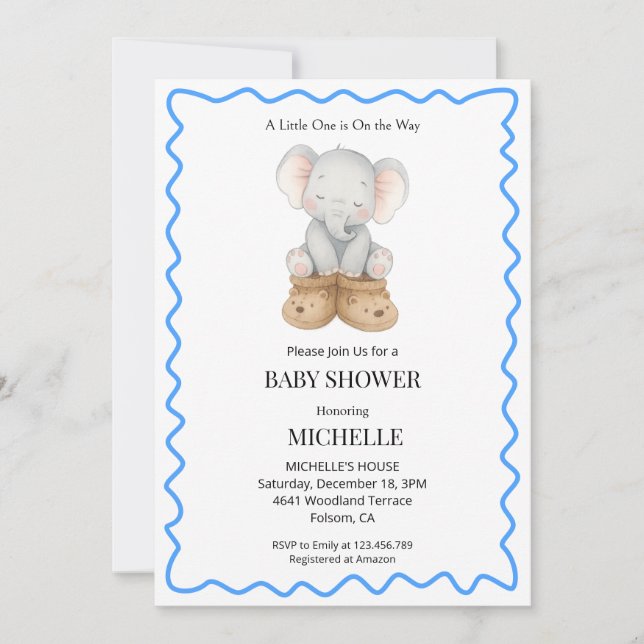 Blå sött bebis elefant baby shower inbjudan  (Framsida)