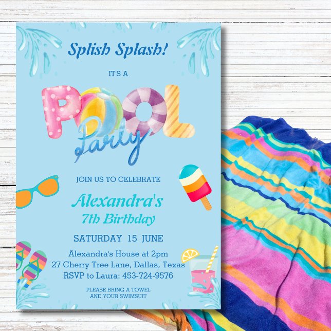 Blå spanska Stänk Kids Bassäng Party Inbjudningar (Skapare uppladdad)