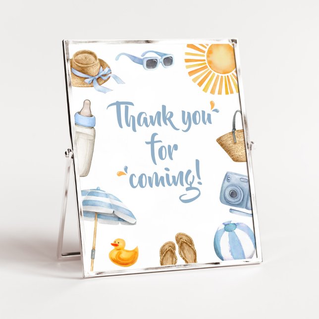 Blå spanska Stänk Tack för att du kom Poster (Boy Summer Beach Baby Shower Thank you for Coming Sign)