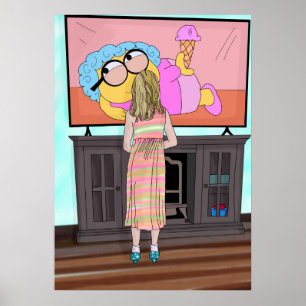 Blå Sparkly Shoes Little Girl Watching Tv Poster