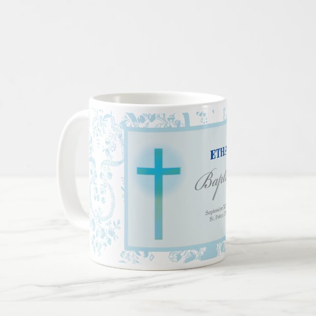 Blå spets pojke dop kaffemugg (Framsida vänster)