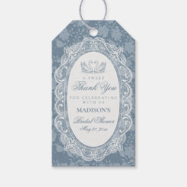 Blå spetsdoily vintage blombröllopsdusch presentetikett