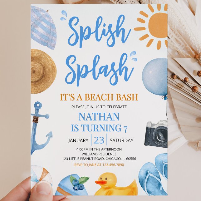 Blå Splish Splash Strandfest Födelsedagsfirande Inbjudningar (Skapare uppladdad)