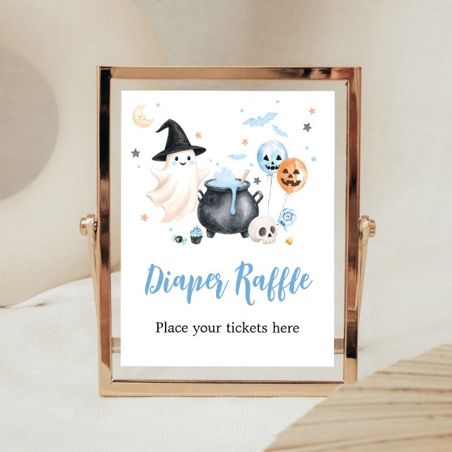 Blå spök Little Boo blöja lotteri skylt (Boy Little Boo Baby Shower Diaper Raffle Sign)