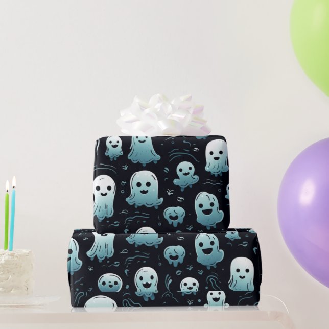 Blå Spöken Söt Modern Bedårande Svart Halloween Presentpapper (Festgåvor)