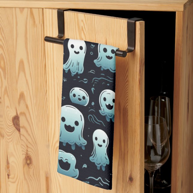 Blå spöken söta moderna älskvärda svarta Halloween Kökshandduk (Thirds Fold)