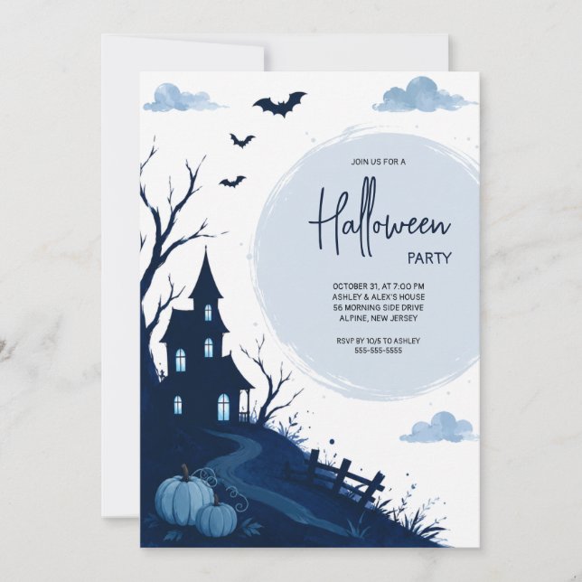 Blå Spökhus Halloweenfest  Inbjudningar (Framsida)