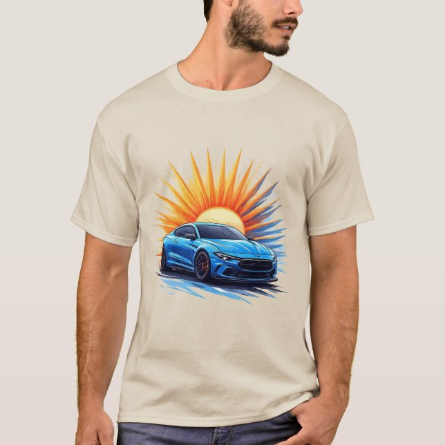 Blå sportiskbil mot en Bright Sunburst Showcase T Shirt (Framsida)