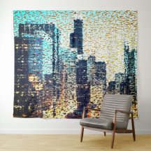 Blå stad byggnad i mosaic stil med befrielse