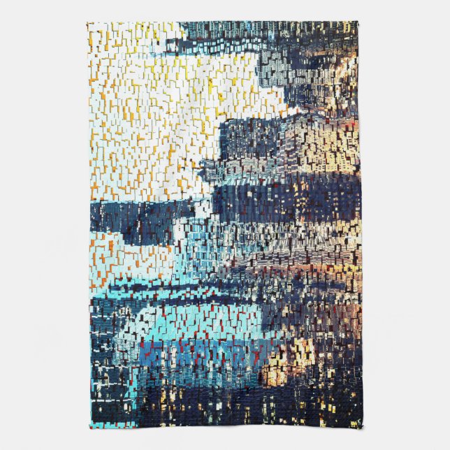 Blå stad byggnad i mosaic stil med befrielse kökshandduk (Vertikal)