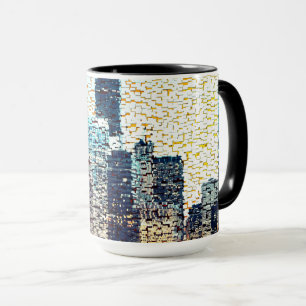 Blå stad byggnad i mosaic stil med befrielse mugg