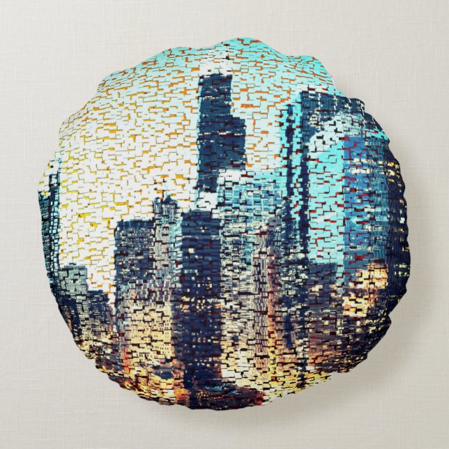 Blå stad byggnad i mosaic stil med befrielse rund kudde (Baksidan)