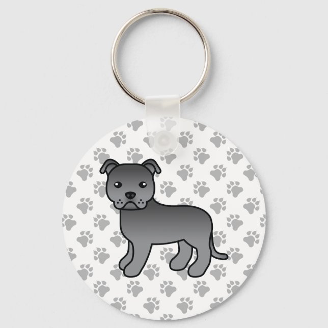 Blå Staffordshire Bullterrier Söt Tecknad Hund Nyckelring (Framsida)