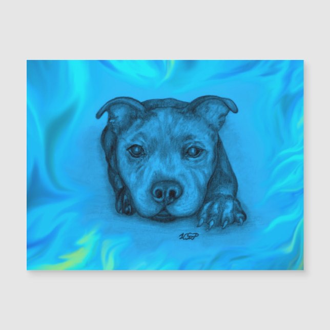 Blå Staffy Valp Magnetisk Kort (Framsida)