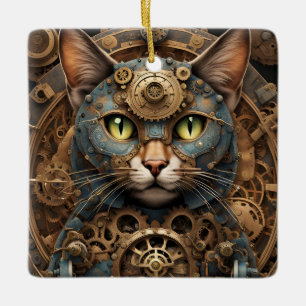 blå steampunk cat AI art ornament