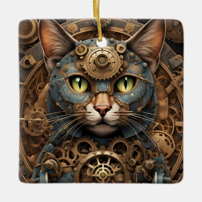 blå steampunk cat AI art ornament (Framsida)