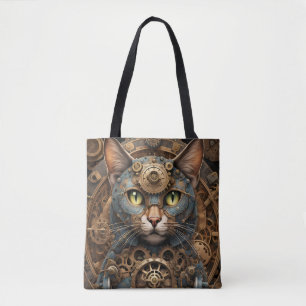 blå steampunk cat AI art till väska