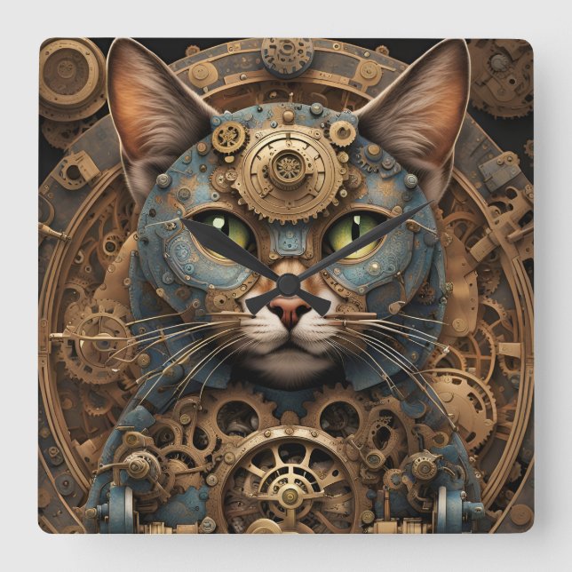 blå steampunk Katt AI art Square Wall Clock Fyrkantig Klocka (Framsida)