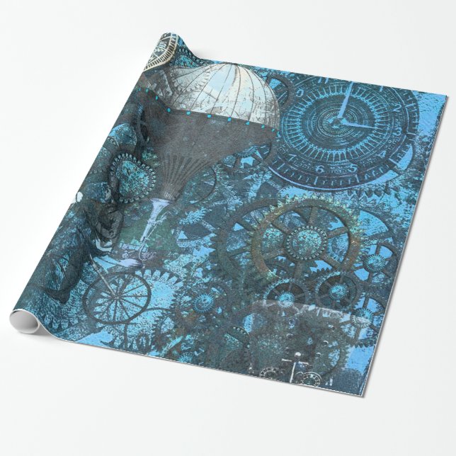 Blå Steampunk Wrapping Papper Presentpapper (Utrullad)