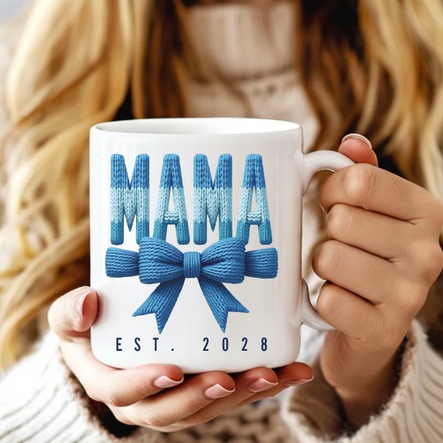 Blå stickad MAMA-mugg - Födelsedagspresent till ma Kaffemugg (Cozy Yarn MAMA Knitting Texture Mug for Her, Custom MAMA Knitted Bow Mug Mother’s Day Gift)