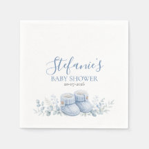 Blå stickade små stövlar baby shower papper