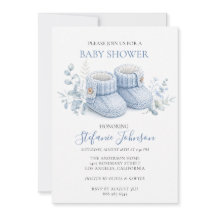 Blå stickade små stövlar pojke baby shower