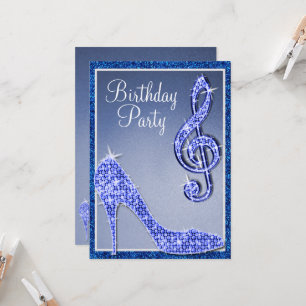 Blå stiletto och Treble Clef Birthday Inbjudningar