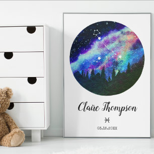 Blå stjärnbilden Fiskarna Horoskop Tecken Present Poster