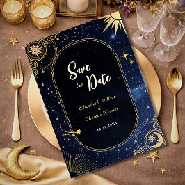 Blå stjärnfall Himmelsk sol och månbröllop Spara Datumet