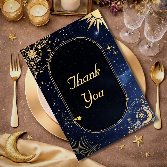 Blå stjärnfall Himmelsk sol och månbröllop Tack Kort (Skapare uppladdad)