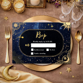 Blå stjärnfall Himmelsk sol och måne bröllop OSA Kort