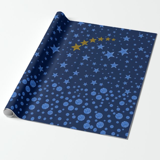 Blå stjärnor i blått ljus presentpapper (Utrullad)