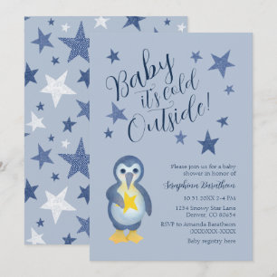 Blå Stjärnor Vinter Pingvin Baby Shower Inbjudningar