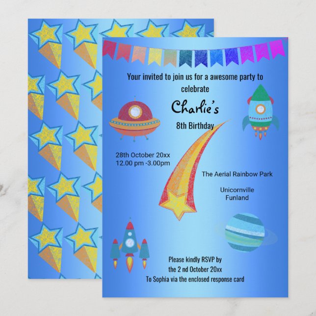 Blå stjärnornas födelsedag för rymdtema inbjudningar (Fram/baksida)