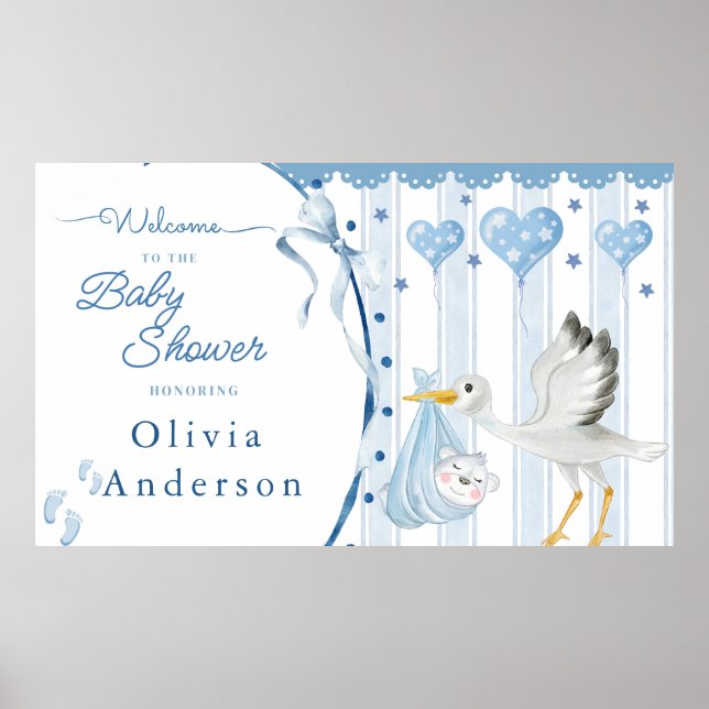 Blå Stork Baby Shower Söt Anpassad Poster (Framsidan)