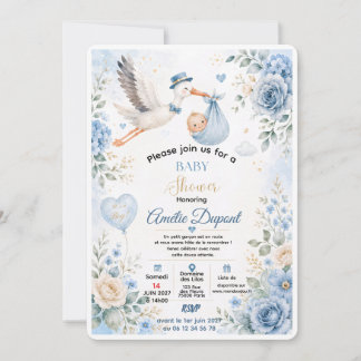 Blå Stork Bebis Shower Inbjudan | Elegant Vattenf