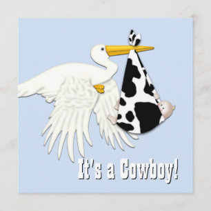 Blå Stork Ko Tryck Cowboy Baby Shower Inbjudningar