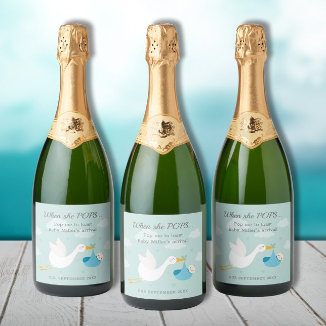 Blå stork, paketpost (Cute blue stork bundle boy baby shower Pop It personalized champagne bottle labels)