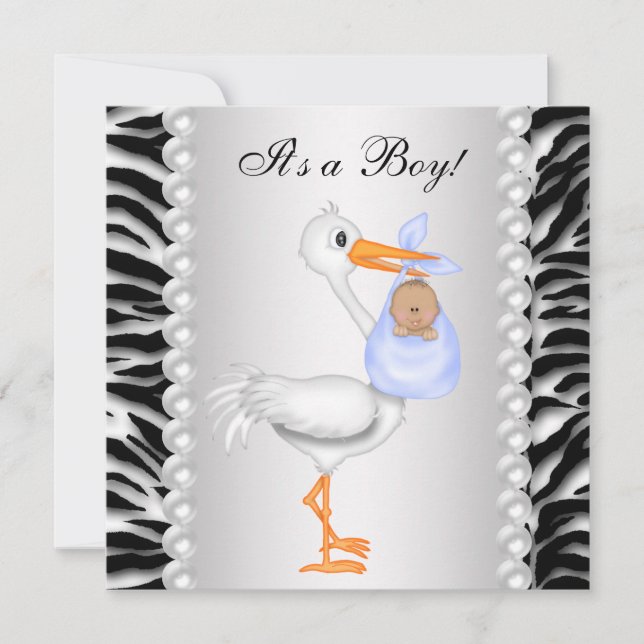 Blå Stork Sebra Baby Pojke Bebisdopp Inbjudningar (Framsida)