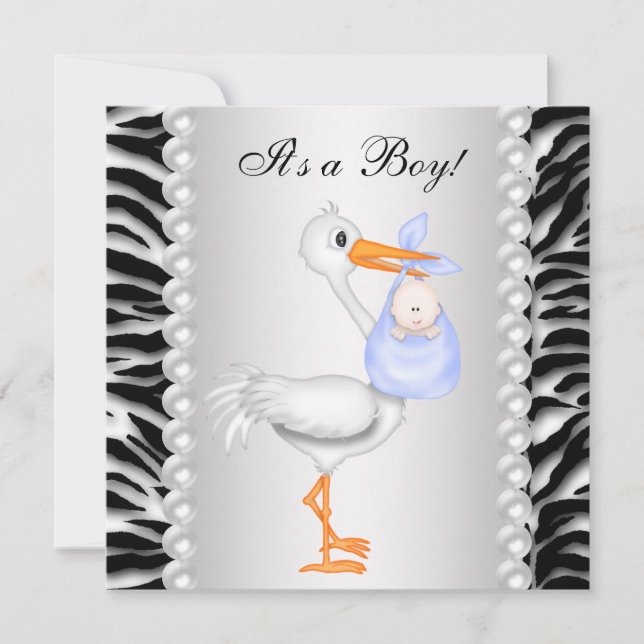 Blå Stork Zebrafödselparty Inbjudningar (Framsida)